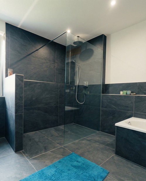 Freshly remodeled bathroom with a walk-in shower