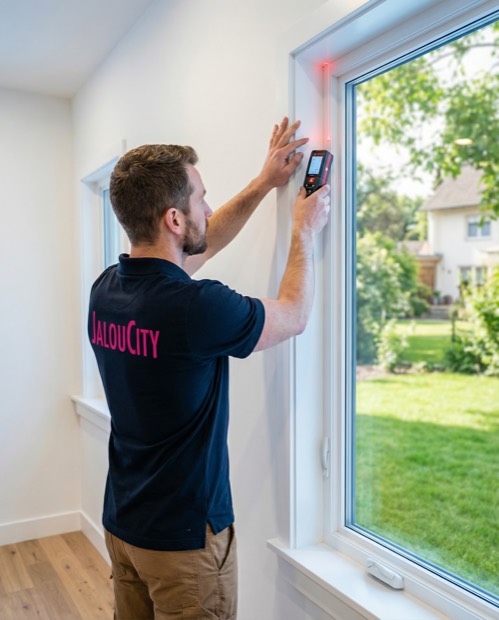 Installer measuring a window