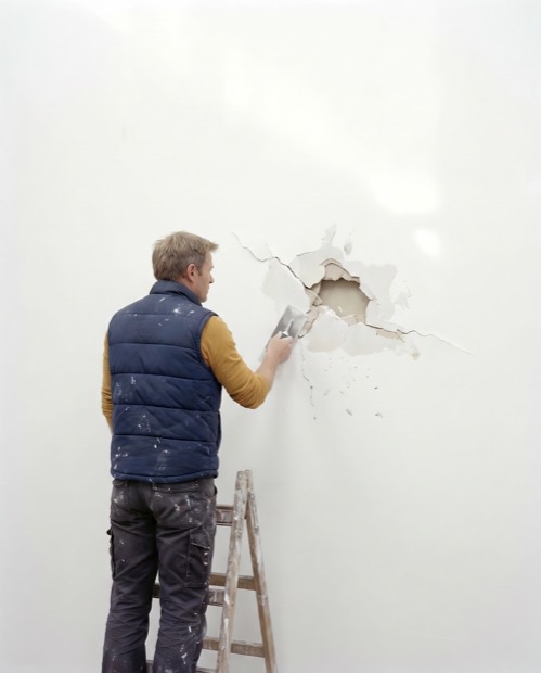 Painter plastering a wall from a ladder